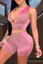 Pink Sexy Color Block Split Joint Zipper Collar Sleeveless Two Pieces