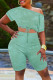 Green Fashion Casual Print Bandage Oblique Collar Short Sleeve Two Pieces