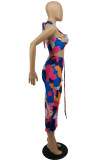 Purple Fashion Sexy Print Backless Halter Sleeveless Two Pieces