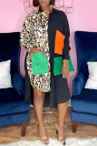 Black Casual Leopard Patchwork Turndown Collar Shirt Dress Dresses