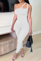 White Sexy Solid Split Joint One Shoulder Skinny Jumpsuits