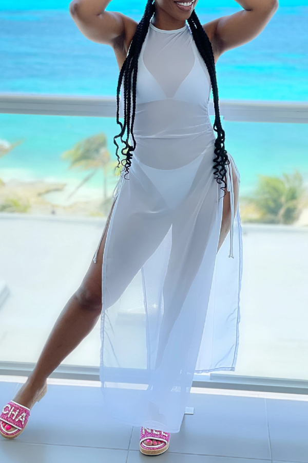 White Sexy Solid High Opening Mesh Swimwears