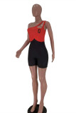 Red Fashion Sexy Patchwork Hollowed Out Backless One Shoulder Skinny Romper
