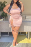 Pink Fashion Sexy Solid Hollowed Out Backless Spaghetti Strap Sleeveless Dress Dresses