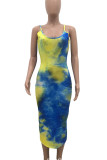 Red Sexy Print Tie Dye Patchwork Spaghetti Strap Pencil Skirt Dresses