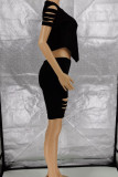 Black Casual Solid Hollowed Out Patchwork Asymmetrical O Neck Short Sleeve Two Pieces