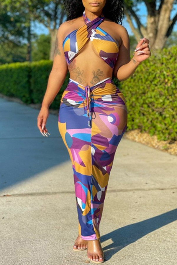Purple Fashion Sexy Print Backless Halter Sleeveless Two Pieces