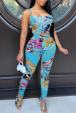 Yellow Sexy Print Hollowed Out Spaghetti Strap Sleeveless Two Pieces