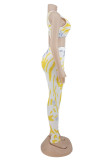 Yellow Fashion Casual Print Vests Pants U Neck Sleeveless Two Pieces