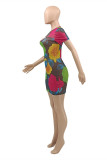 Multicolor Fashion Sexy Print Hollowed Out See-through O Neck Short Sleeve Dress