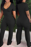 Red Fashion Casual Solid Basic V Neck Regular Jumpsuits