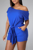 Blue Casual Solid Bandage Patchwork O Neck Short Sleeve Two Pieces
