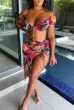 Multicolor Fashion Sexy Print Backless Asymmetrical V Neck Two Pieces