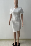 White Casual Solid Patchwork Fold Asymmetrical O Neck Pencil Skirt Dresses