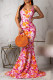 Rose Red Fashion Sexy Print Backless Spaghetti Strap Sleeveless Dress