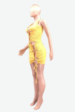 Yellow Fashion Sexy Solid Hollowed Out Strap Design U Neck Vest Dress Dresses