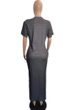 Blue Fashion Casual Plus Size Print Slit O Neck Short Sleeve Dress