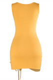 Yellow Sexy Solid Hollowed Out Strap Design U Neck Vest Dress
