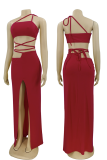 Red Sexy Solid Patchwork Spaghetti Strap Sleeveless Two Pieces