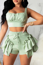 Green Sexy Solid Flounce Spaghetti Strap Sleeveless Two Pieces