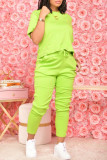 Light Green Fashion Casual Solid Basic O Neck Short Sleeve Two Pieces