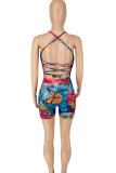 Blue Pink Sexy Print Patchwork Spaghetti Strap Skinny Rompers