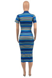 Blue Fashion Casual Striped Print Basic Zipper Collar Short Sleeve Dress