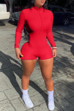 Red Fashion Casual Solid Basic Zipper Collar Long Sleeve Skinny Romper