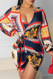 Tibetan Blue Casual Print Bandage Patchwork Asymmetrical V Neck A Line Dresses