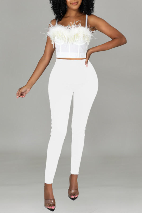 White Sexy Solid Tassel Spaghetti Strap Sleeveless Two Pieces