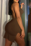 Coffee Sexy Solid Backless Halter Pencil Skirt Dresses
