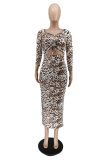Leopard Print Sexy Leopard Hollowed Out V Neck Pencil Skirt Dresses