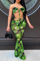 Green Sexy Print Split Joint Halter Sleeveless Two Pieces