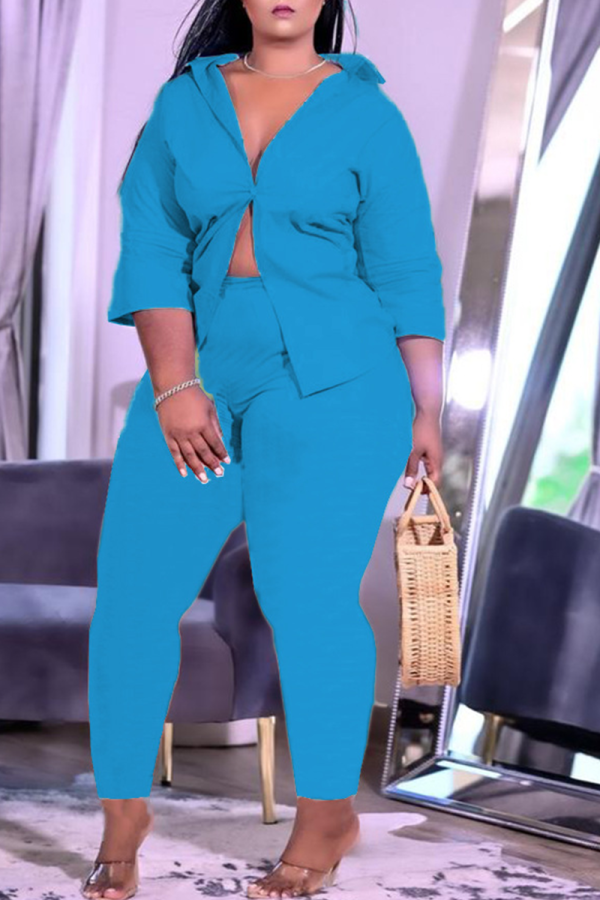 Blue Casual Solid Split Joint Turndown Collar Plus Size Two Pieces