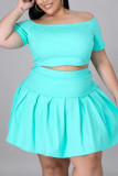 Blue Casual Solid Split Joint Off the Shoulder A Line Plus Size Two Pieces