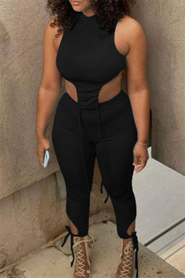 Black Sexy Casual Solid Asymmetrical O Neck Sleeveless Two Pieces