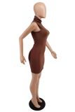 Brown Sexy Solid Patchwork Half A Turtleneck Pencil Skirt Dresses