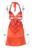 Rose Red Sexy Solid Bandage Hollowed Out Patchwork Asymmetrical Halter A Line Dresses