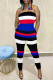 Blue Fashion Sexy Striped Print Backless Strapless Regular Jumpsuits