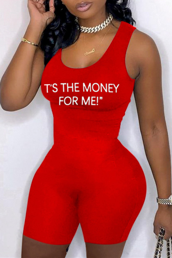 Red Casual Sportswear Letter Print Basic U Neck Skinny Romper