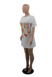 White Fashion Casual Print Slit O Neck Short Sleeve T-shirt Dress