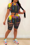 Black Casual Patchwork Tie-dye O Neck Short Sleeve Two Pieces