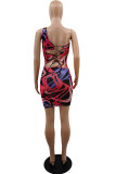 Multicolor Fashion Sexy Print Backless One Shoulder Sleeveless Dress