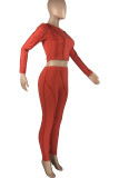 Deep Pink Casual Solid Hollowed Out Patchwork Frenulum O Neck Long Sleeve Two Pieces