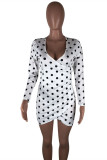 White Fashion Casual Dot Print Asymmetrical V Neck Long Sleeve Dresses