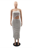 Light Brown Sexy Casual Striped Print Backless One Shoulder Sleeveless Two Pieces