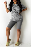 Ink Green Fashion Casual Print Basic O Neck Short Sleeve Two Pieces