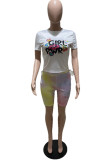 White Fashion Casual Print Strap Design O Neck Short Sleeve Two Pieces
