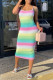 Rainbow Color Fashion Sexy Print Backless Spaghetti Strap Sleeveless Dress