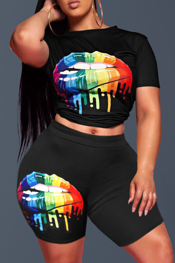 Black Casual Print Patchwork O Neck Short Sleeve Two Pieces